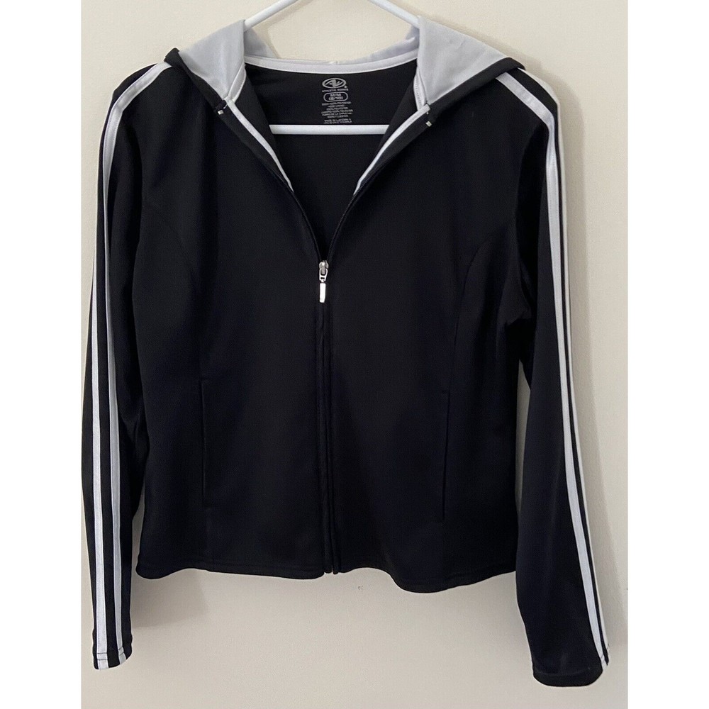 Athletic Works Womens Size M Black Jacket Coat Medium Striped Sleeve Cropped